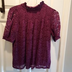 Cable & Gauge purple lace short sleeve.  High neck smocked